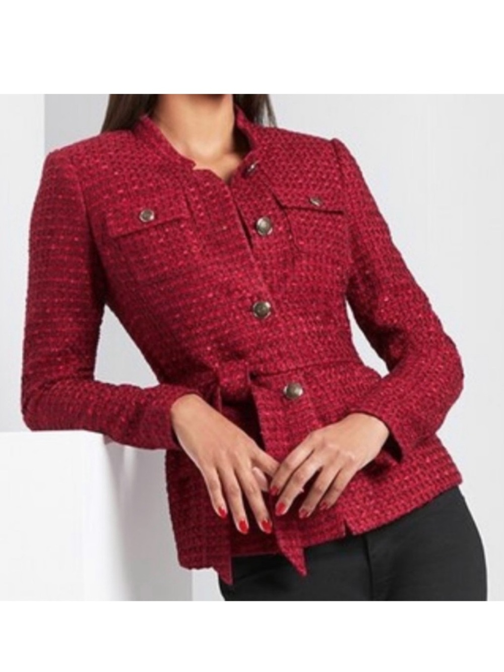 WHBM Cardinal Red Boucle Tweed Belted Blazer Jacket Preppy Academia Women’s 12